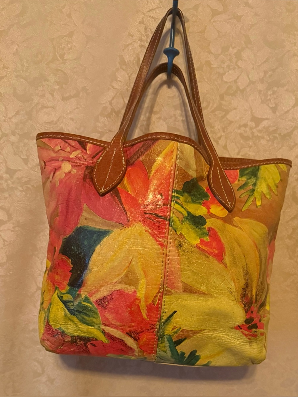 Maurizio Taiuti Rare Vintage Floral Print Leather Handbag.